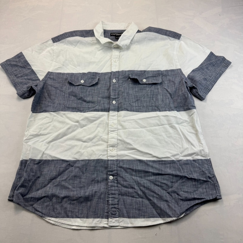 Express Shirt Mens XXL Gray White Striped Short Sleeve Collared Button Front